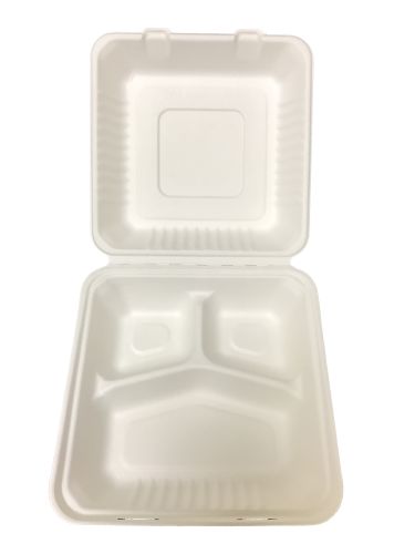 Bagasse Hinged Lid Container - Large 3-section 9 x 9 x 3.19